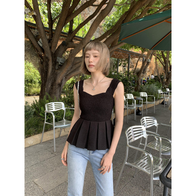 Chenmi Fan Design-sensory square collar waist-closing shirt for women's new summer jacquard collarbone suspender sleeveless top shirt