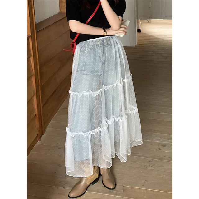 Sweet and transparent layered mesh skirt for women's spring versatile high-waist midi skirt A-line skirt