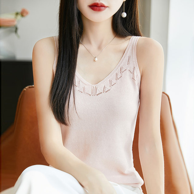 100% pure cotton hollow V-neck camisole women's summer slim fit soft sleeveless bottoming top for women
