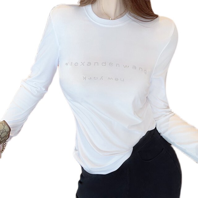 European and American 2025 spring and summer new round neck iron diamond printing versatile top mercerized cotton base white long-sleeved T-shirt for women