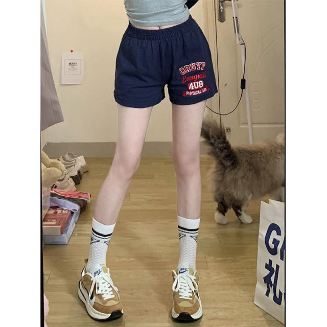 American retro sports shorts for women, summer thin straight-leg outer wear, loose high-waist slim casual cotton wide-leg pants