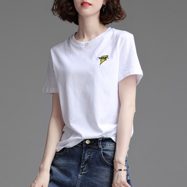 Pure cotton black short-sleeved T-shirt women's half-sleeved loose large-size summer 2023 new embroidered T-shirt top trend
