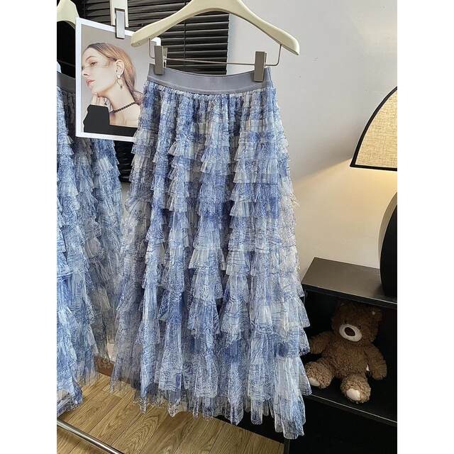 Puffy cake skirt for women 2025 new summer high waist retro tie-dye fairy-like mesh long skirt