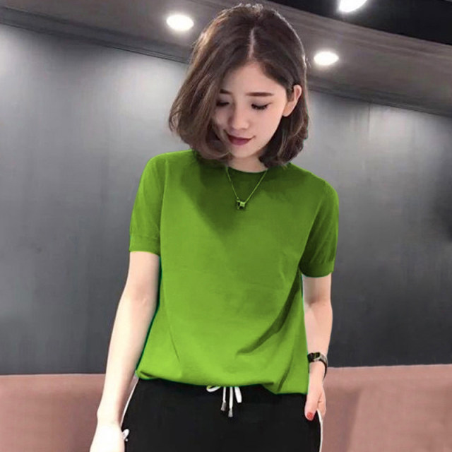 Ice silk knitted thin summer 2025 Korean version of candy multi-color T-shirt for women short-sleeved top loose base T-shirt