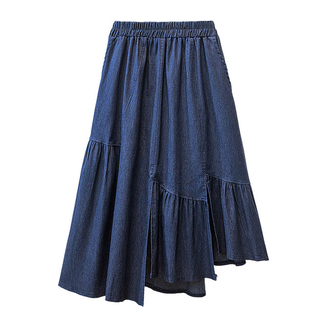 Large size women's elastic high waist tensile denim skirt summer fat mm irregular versatile ruffled A-line skirt