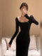 The lady's temperament is slim square collar and step-by-step lotus black long-sleeved dress for women with large size sexy knitted fishtail long skirt