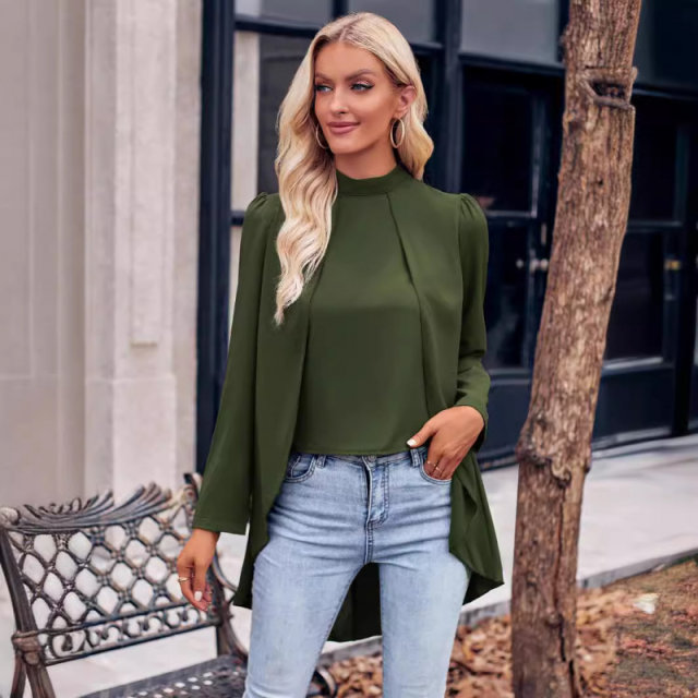 Amazon 2024 European and American autumn and winter leisure cross -border women's fashion trend pure color semi -high -necked long -sleeved fake two shirt women