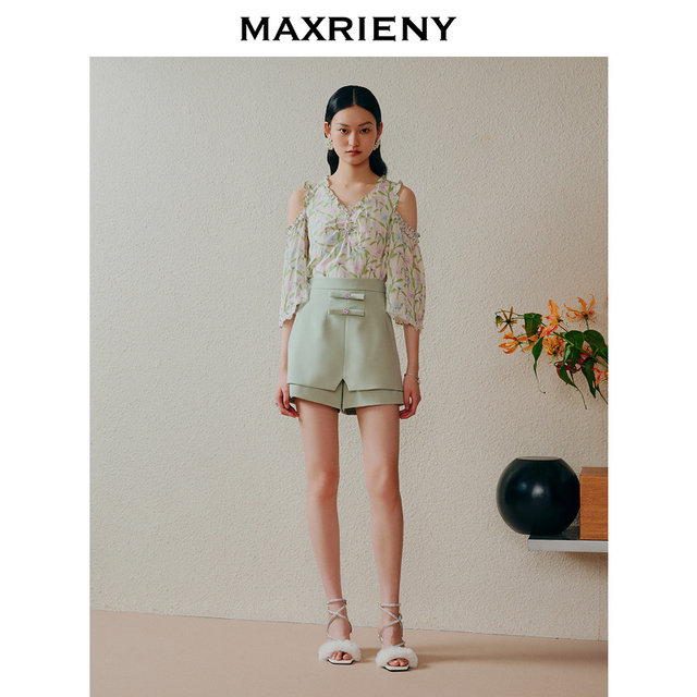 MAXRIENY European style gardening style off-shoulder flared sleeve chiffon shirt pastoral style printed top
