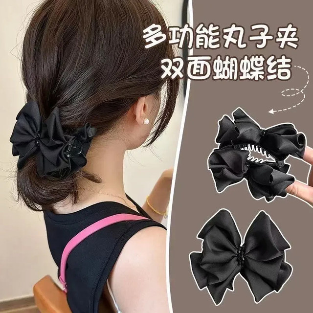 2025 new double-sided ponytail grabber hairpin with temperament and solid color bow on the back of the head, high-end headwear
