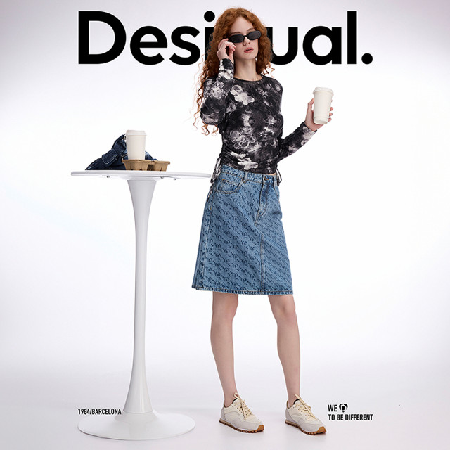Desigual denim A-line LOGO love asymmetrical print midi-length skirt for women
