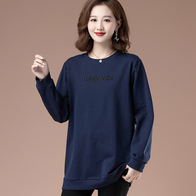 Pure cotton long-sleeved sweatshirt for women in spring and autumn clothes middle-aged mother casual loose T-shirt round neck base shirt jacket top trendy