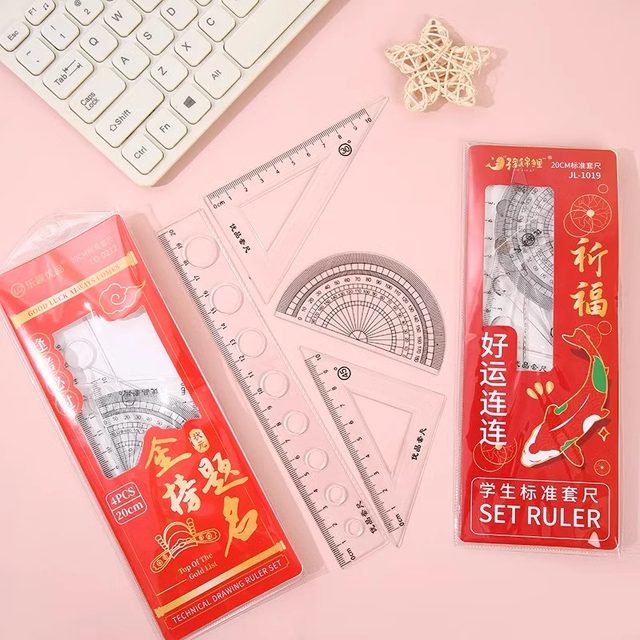 New transparent student ruler set creative cartoon elementary school student ruler triangle plate protractor four-piece set