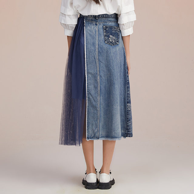 SOMSOM/Soma high waist irregular lace splicing large hem skirt spring mid-length A-line denim skirt for women

