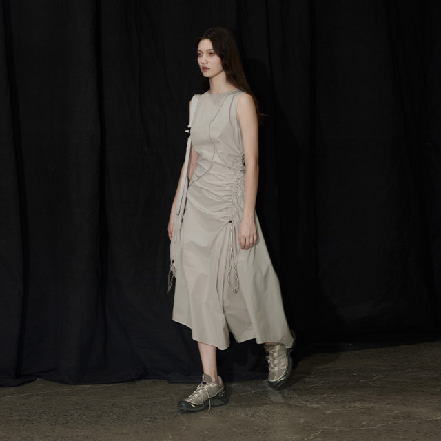 Semi-circle original designer women's clothing 2025 summer waist-tightening irregular vest dress for women one-length collar sleeveless
