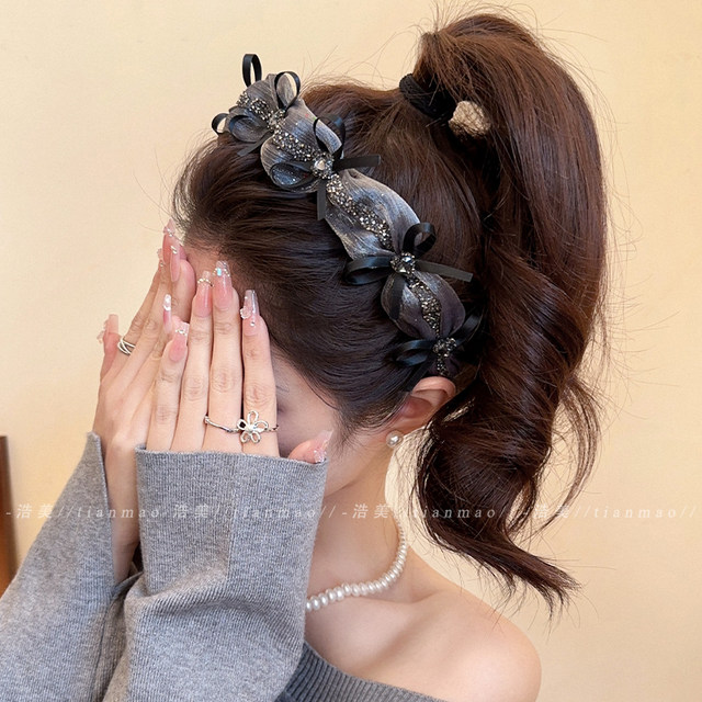Retro high-end bow hairband for women wearing 2025 new exquisite high cranial headband headband for women