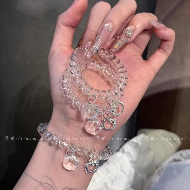 Cat Pendant Crystal Telephone Line Hair Rope Couple Bracelet Send Boyfriend Hair Loops Ponytail Bands Hair Accessories