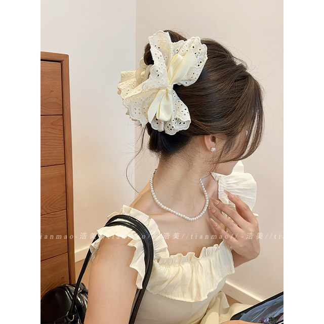 French lace bow clip women's 2025 new high-end style back head hair shark clip hair volume large hair clip