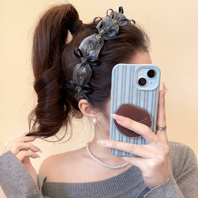 Retro high-end bow hairband for women wearing 2025 new exquisite high cranial headband headband for women