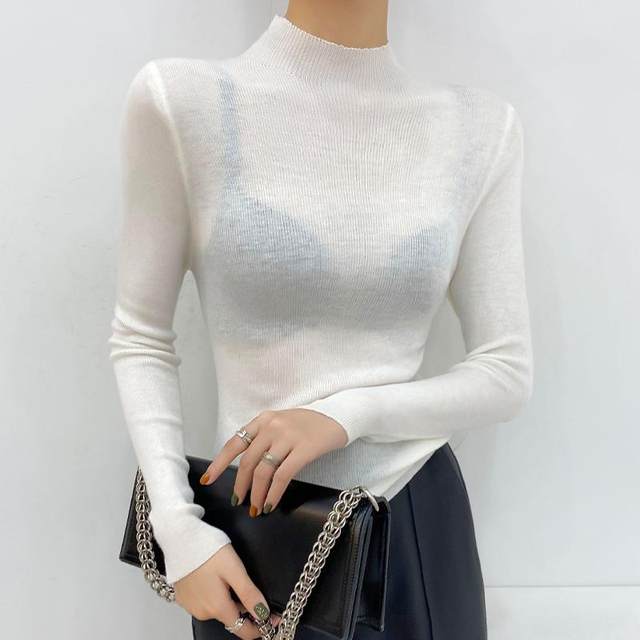 Yellow half-turtleneck wool sweater thin and slightly transparent inside to wear sweater outside 2025 super nice base shirt