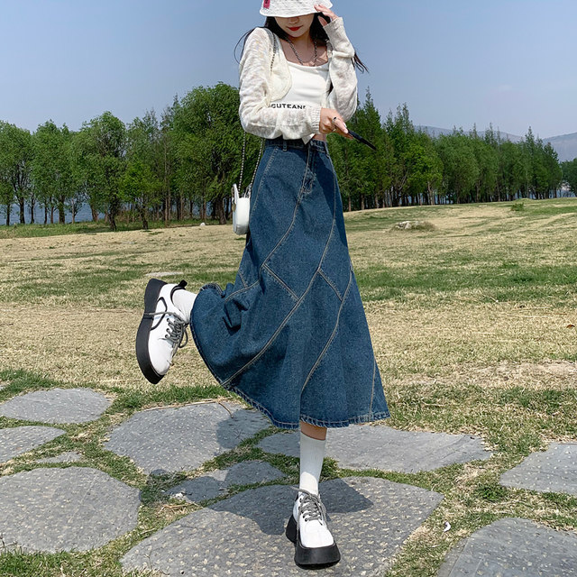High-waisted fishtail denim skirt for women 2025 new spring and summer slim A-line splicing large swing mid-length umbrella skirt