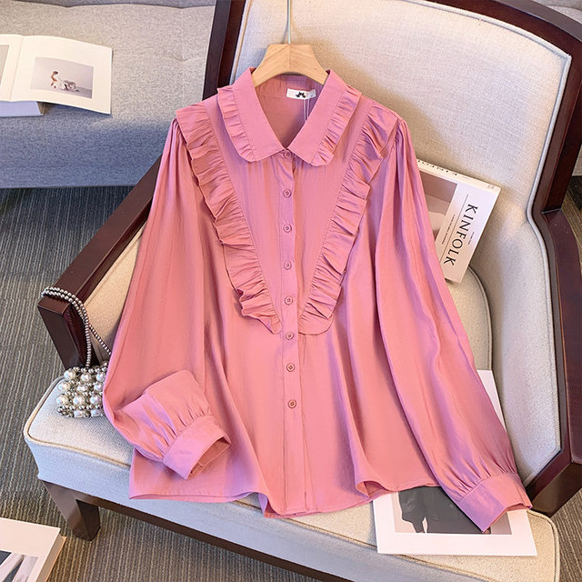 Large size shirt for women with fat mm, western style 200Jin [Jin is equal to 0.5 kg] fat mm with lotus leaf collar, long-sleeved shirt, top, bottoming shirt, fashionable small shirt