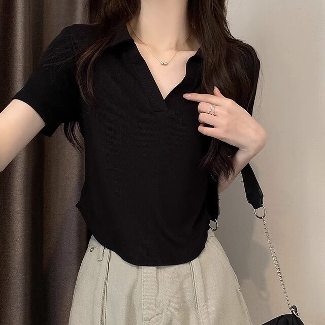 Green polo short-sleeved T-shirt for women 2023 summer Korean version slim V-neck solid color base arc hem collar pure cotton top
