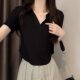 Green polo short-sleeved T-shirt for women 2023 summer Korean version slim V-neck solid color base arc hem collar pure cotton top