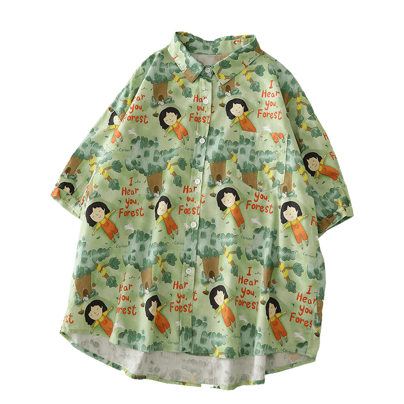 Children's fun cartoon printed fresh lapel top versatile cotton loose summer short-sleeved shirt women's shirt new