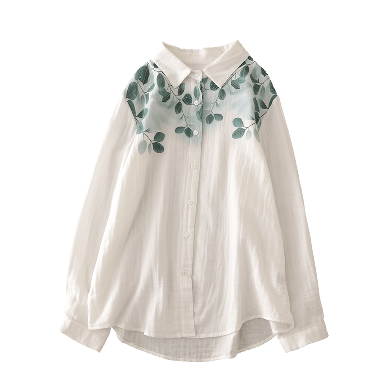 Literary and fresh vacation style cartoon leaves double-layer cotton yarn loose shoulder white shirt women's long-sleeved base shirt
