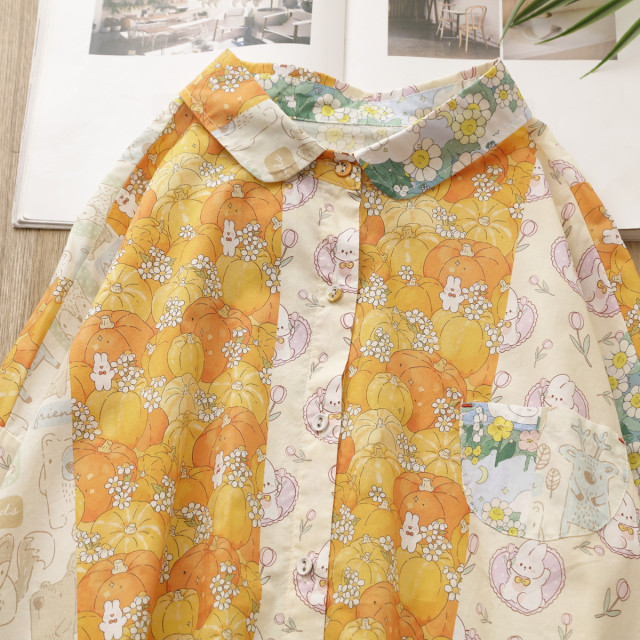 2023 autumn new age-reducing cartoon rabbit pumpkin printed loose long-sleeved lapel Korean casual shirt for women