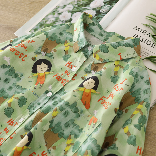 Children's fun cartoon printed fresh lapel top versatile cotton loose summer short-sleeved shirt women's shirt new