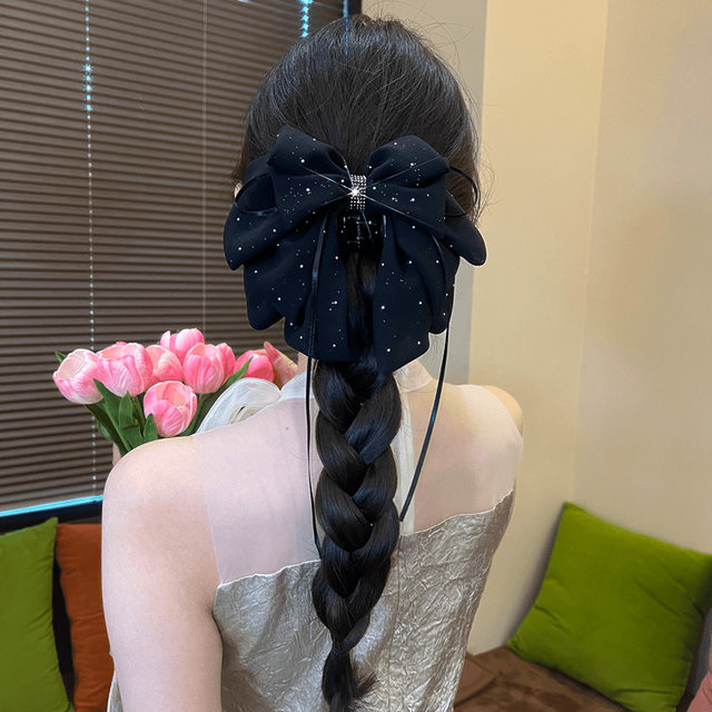 
Satin mesh crushed diamond streamer bow scratch clip women's fashionable back head hair clip high-end temperament hair accessories