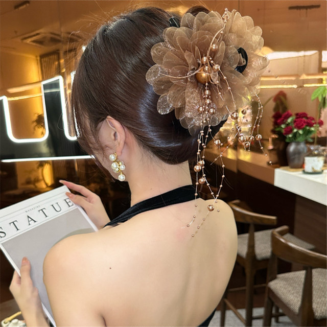 Peony Feather Tassel Clip Women's 2025 New Hairpin Back Head Show Hair Volume Shark Clip Haircard Headdress