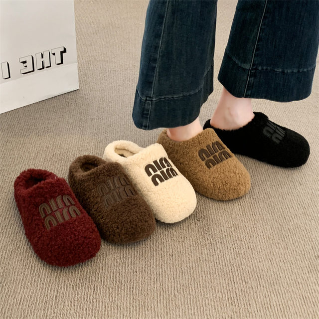 
Furry slippers for women's outer wear 2025 new autumn and winter plus velvet toe cotton slippers thick-soled cotton shoes half-slip snow boots for women