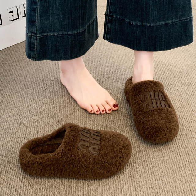 
Furry slippers for women's outer wear 2025 new autumn and winter plus velvet toe cotton slippers thick-soled cotton shoes half-slip snow boots for women