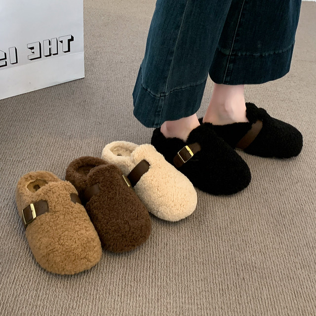 
Thick-soled Birkenstock shoes, toe-toe furry slippers for women, 2025 autumn and winter new style lazy one-leg plus velvet cotton slippers