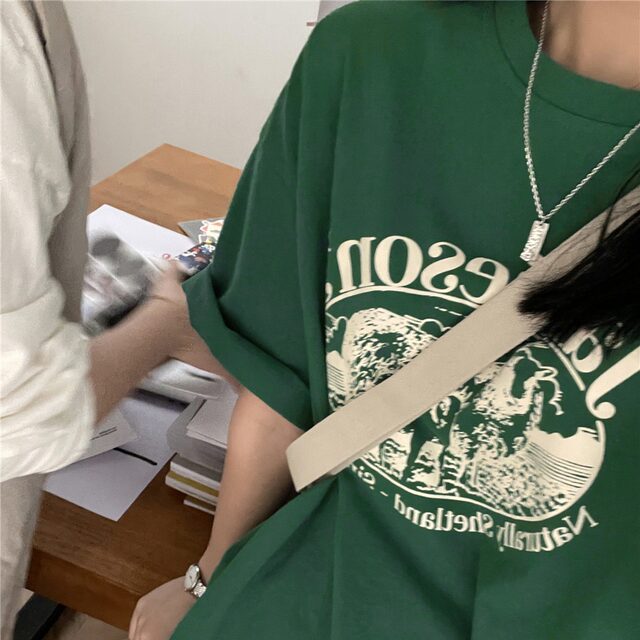 Dark green short-sleeved T-shirt for women pure cotton loose lazy style ins trendy design niche student half-sleeved T-shirt top

