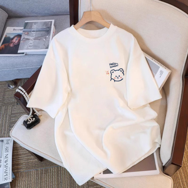 Summer white short-sleeved T-shirt for women 2025 new hot cartoon bear t-shirt loose design half-sleeved top