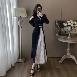 New Chinese style national style black dress senior spring dress super look good temperament long and improved Han Chinese cheongsam skirt