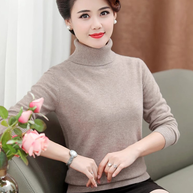 Mother's clothing 100% pure woolen sweater for middle-aged and elderly women, autumn and winter plus size half turtleneck bottoming sweater