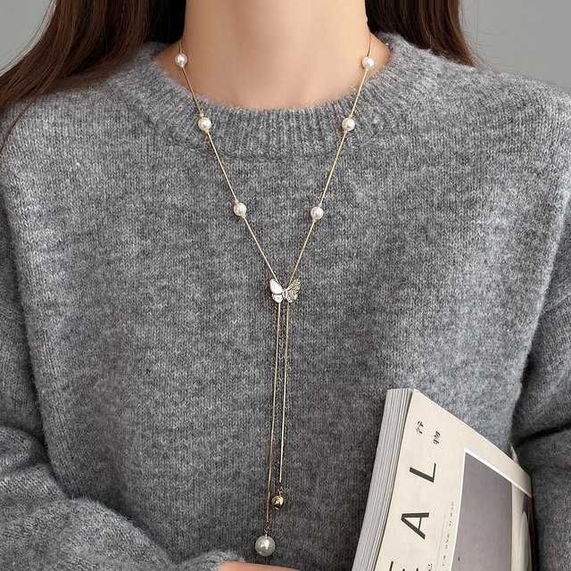 Butterfly Pearl Long Sweater Necklace Women's 2025 New Accessories Autumn and Winter Girls' Sweater Chain Light Luxury High-end