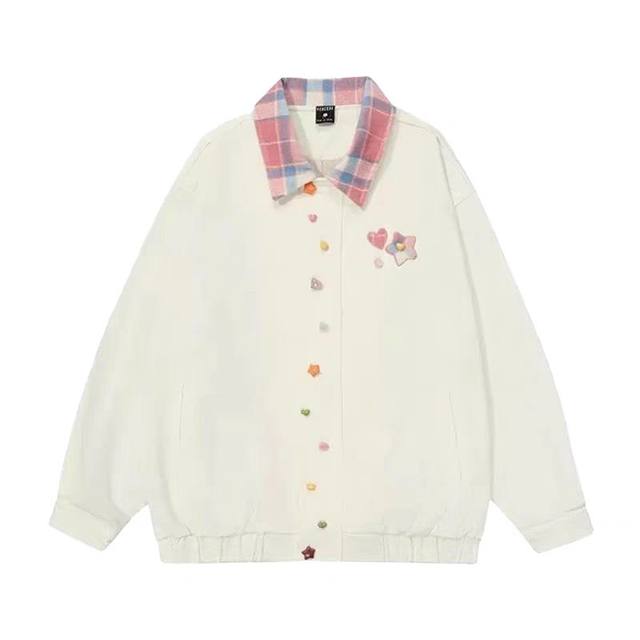 Japanese sweet plaid splicing unique lapel jacket for women's spring and autumn new baseball uniform super beautiful rainbow buckle jacket