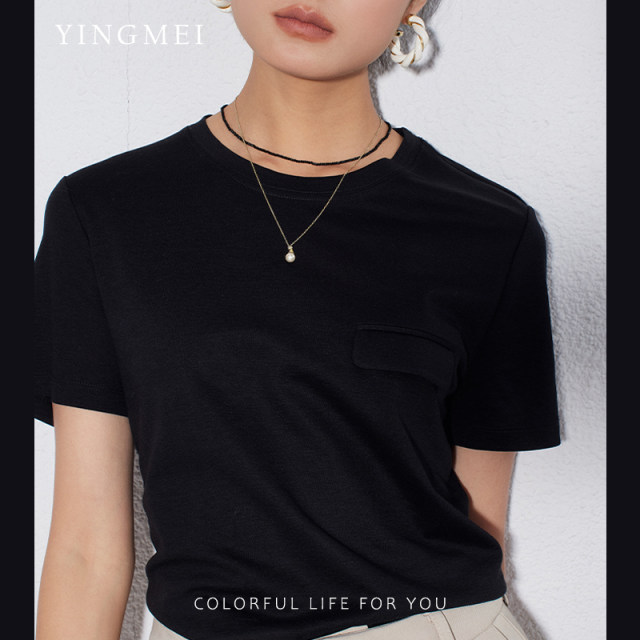 Yingmei is naturally 丨 True silk acetic acid pocket T -shirt loose short -sleeved casual white round neck top summer new

