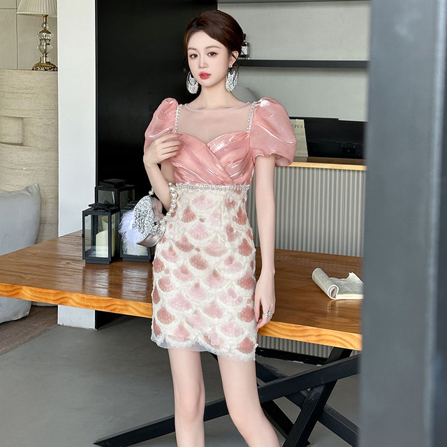 French light luxury sexy tube top collar dress, niche heavy worker sequin stitching high -end sensing temperament bag hip skirt
