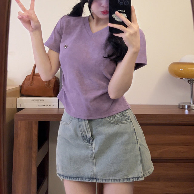 Star pin tie-dye v-neck purple short-sleeved T-shirt for women 2025 new sweet and cool style small slim short top