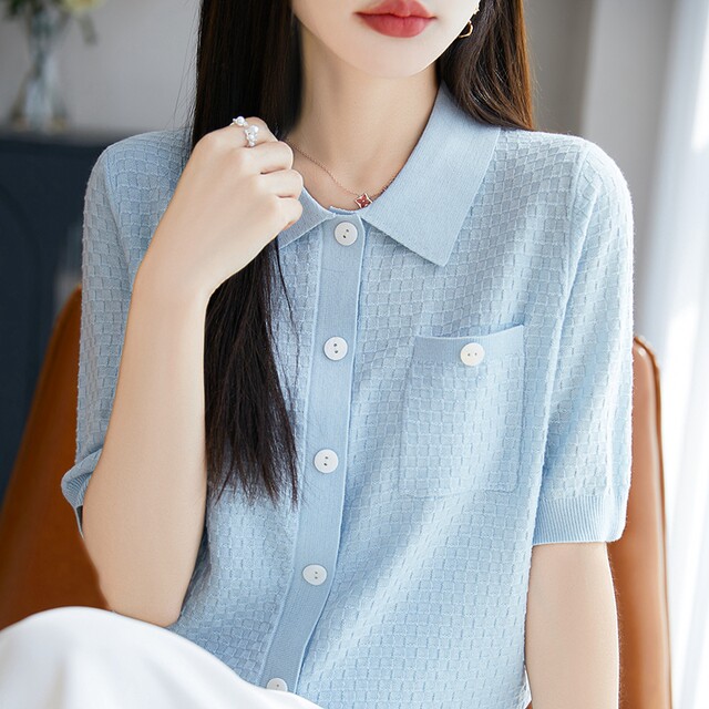 Summer thin mulberry silk wool short-sleeved cardigan for women POLO collar knitted five-point sleeve T-shirt loose base top