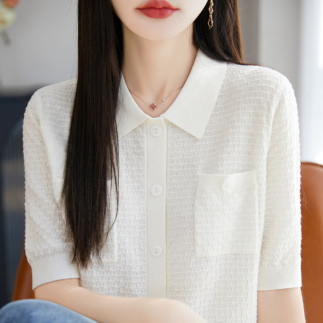 Summer thin mulberry silk wool short-sleeved cardigan for women POLO collar knitted five-point sleeve T-shirt loose base top