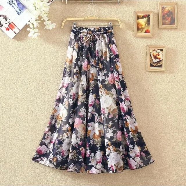 Chiffon floral skirt women's clothing 2024 summer new lace versatile printed large long model long skirt
