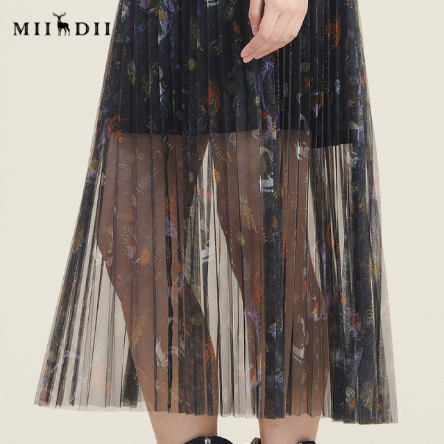 Answer to the mystery 2022 autumn new retro printed mesh skirt A-shaped versatile pleated design skirt for women 223MB1040
