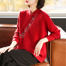 Mom winter cheongsam collared sweater Shemale wedding dress shirt Old woman life red knit shirt